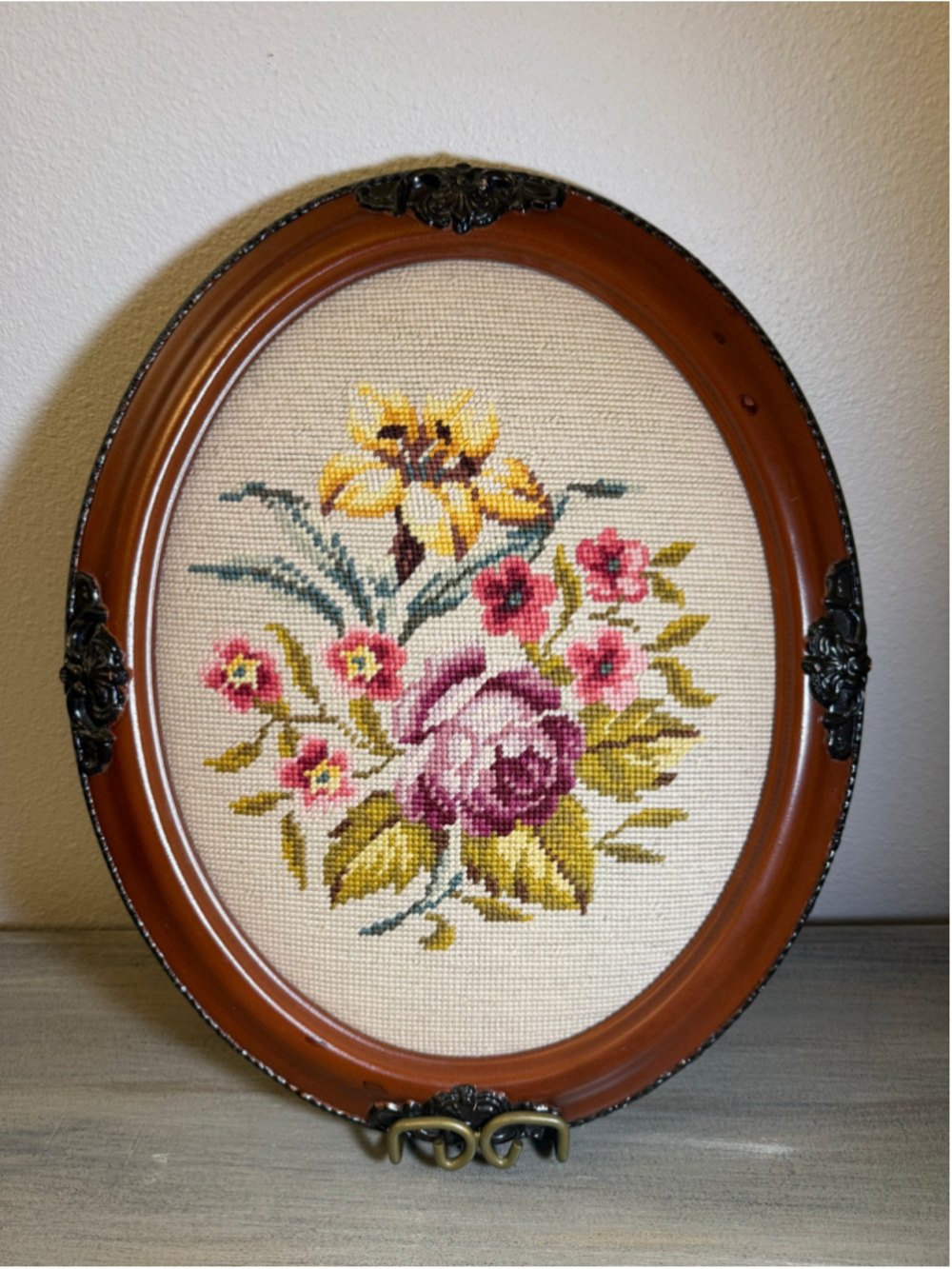 Vintage Floral Needlepoint Art in Oval Wood Frame | Cottagecore Flower Bouquet